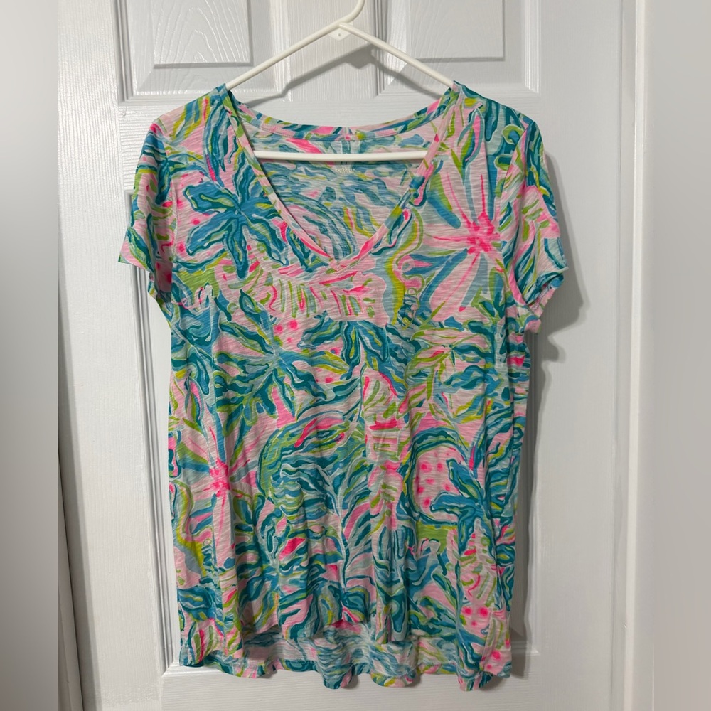 Lilly Pulitzer V-Neck Tee — Pink & Teal Sz L